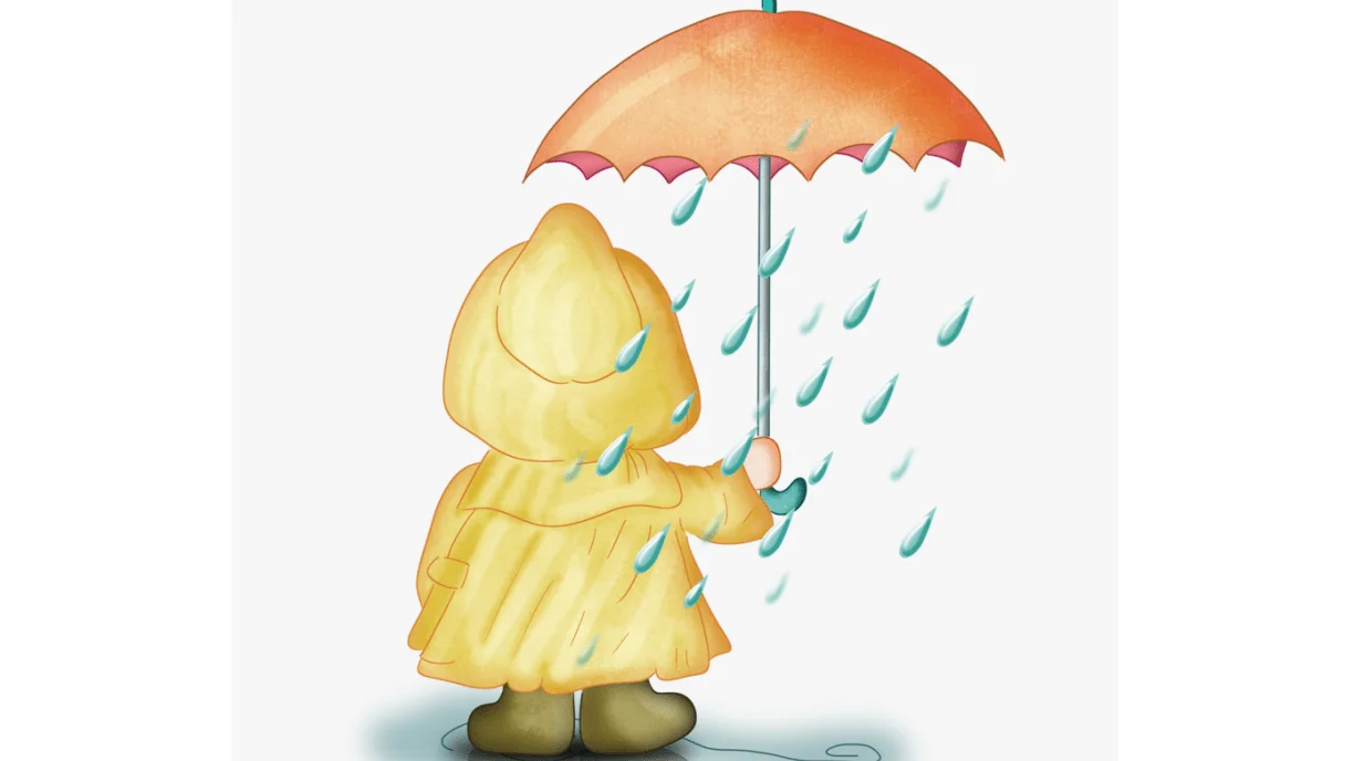 Cheerful Yellow Raincoat Kid Sheltering Under Whimsical Orange Umbrella Clipart Illustration