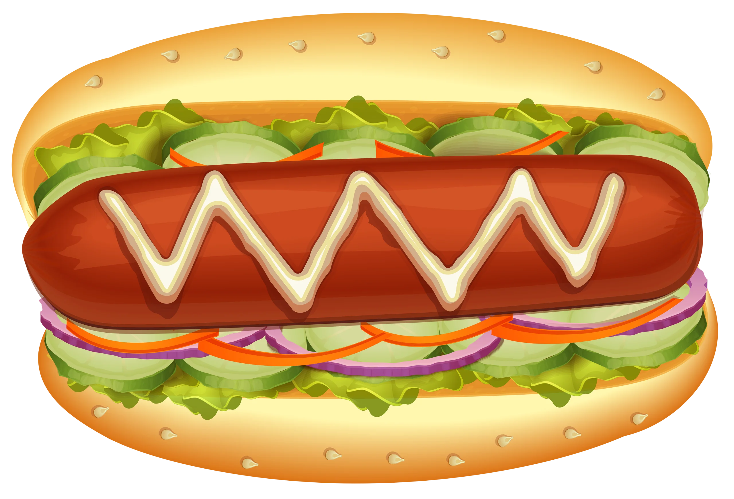 Classic American Hot Dog Clipart with Zigzag Mustard and Fresh Toppings