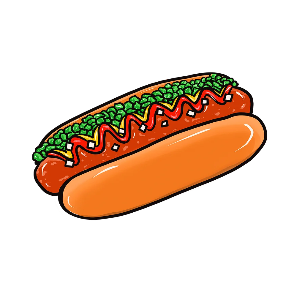 Classic American Street Food Hot Dog Clipart with Colorful Toppings and Bun