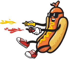 Cool Hot Dog Character Shooting Flame Condiment Gun Cartoon Clipart Adventure
