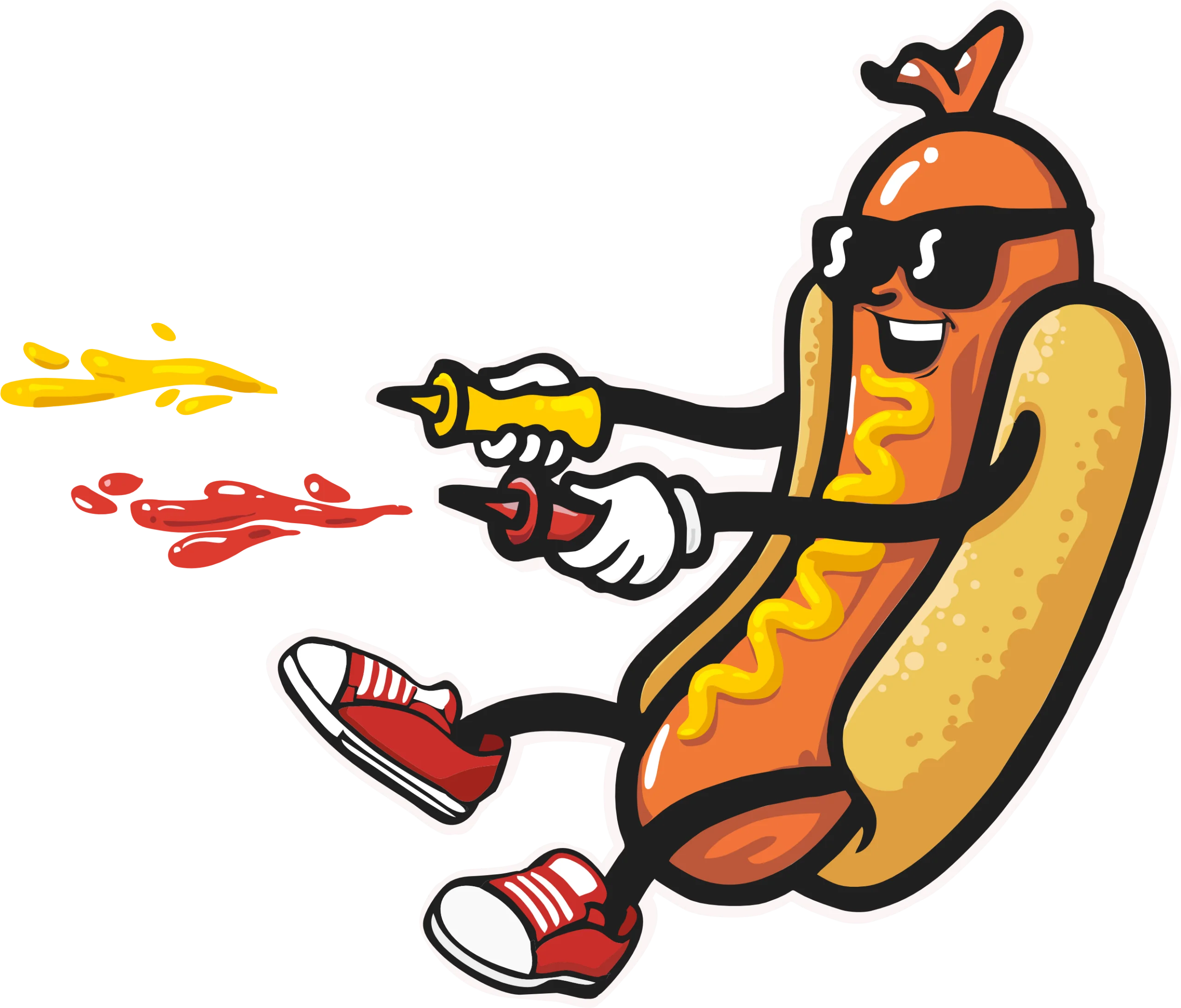 Cool Hot Dog Character Shooting Flame Condiment Gun Cartoon Clipart Adventure