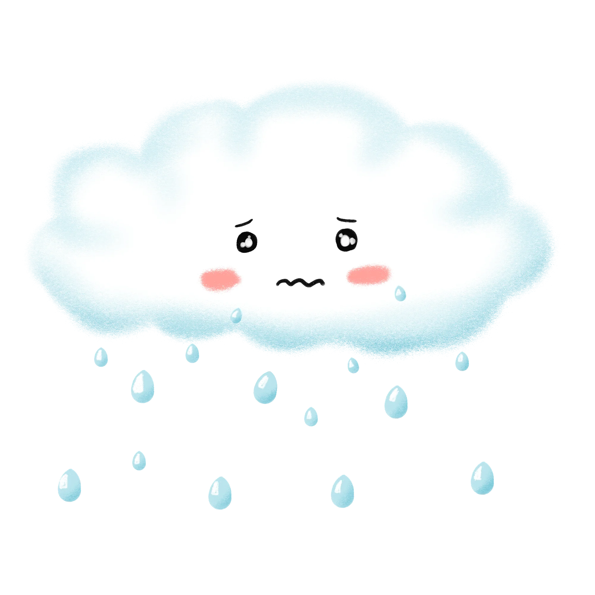 Cute Kawaii Raincloud Clipart with Adorable Facial Expression and Soft Watercolor Droplets