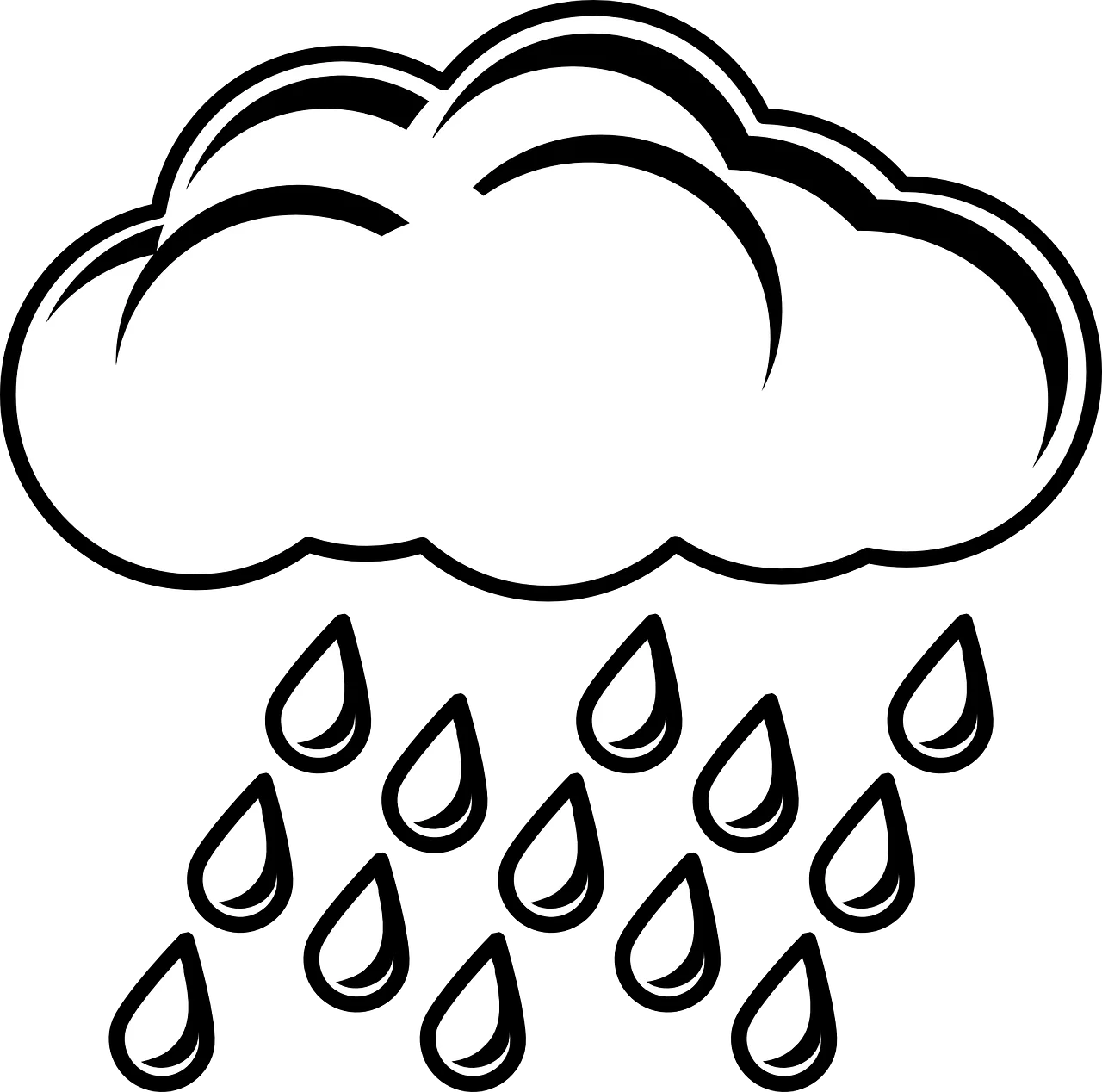 Minimalist Black and White Rainy Cloud Clipart with Falling Droplets
