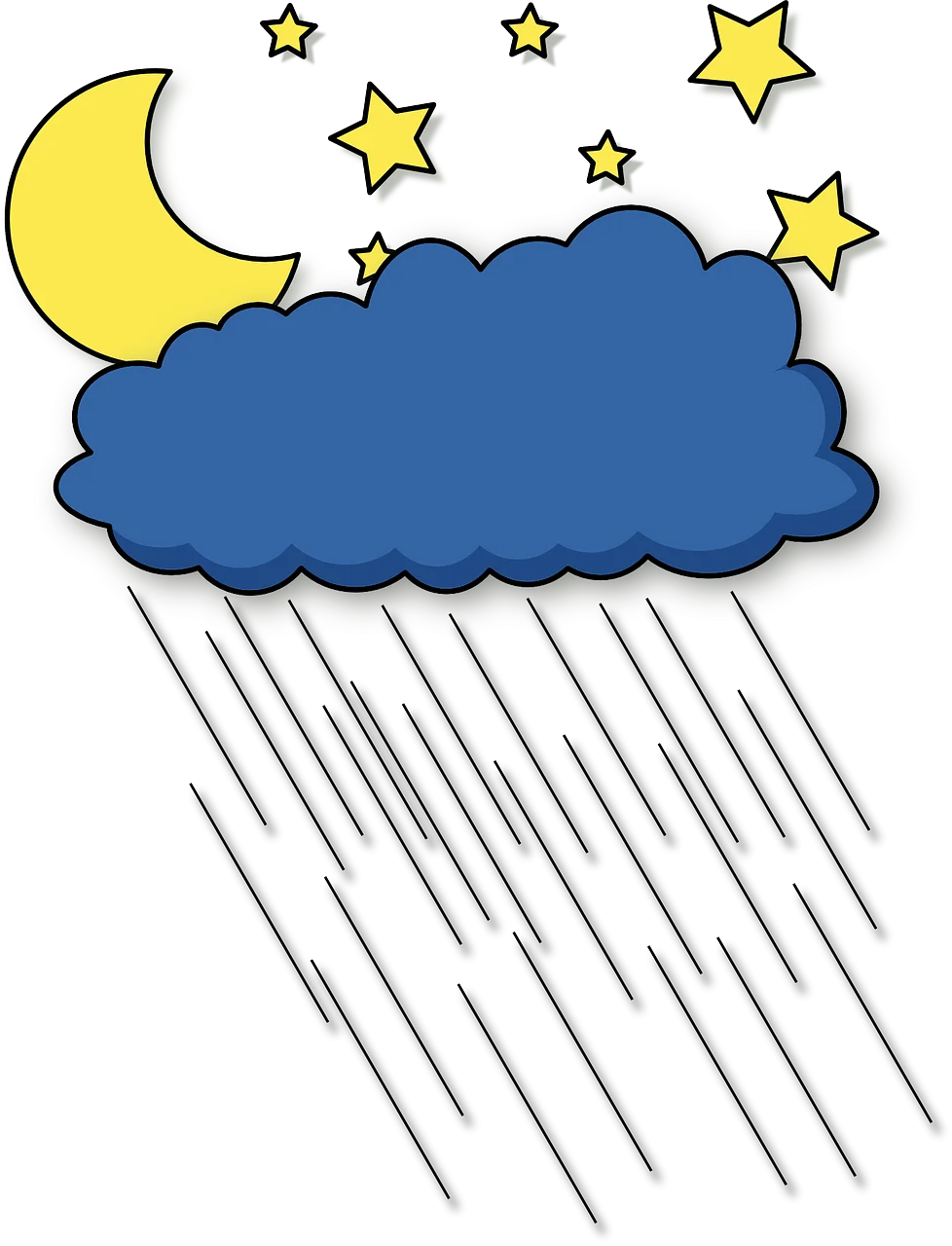 Nocturnal Rainscape Clipart: Moonlit Cloud with Falling Raindrops and Starry Sky