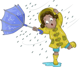 Playful Child Battling Stormy Weather with Umbrella Cartoon Clipart Scene