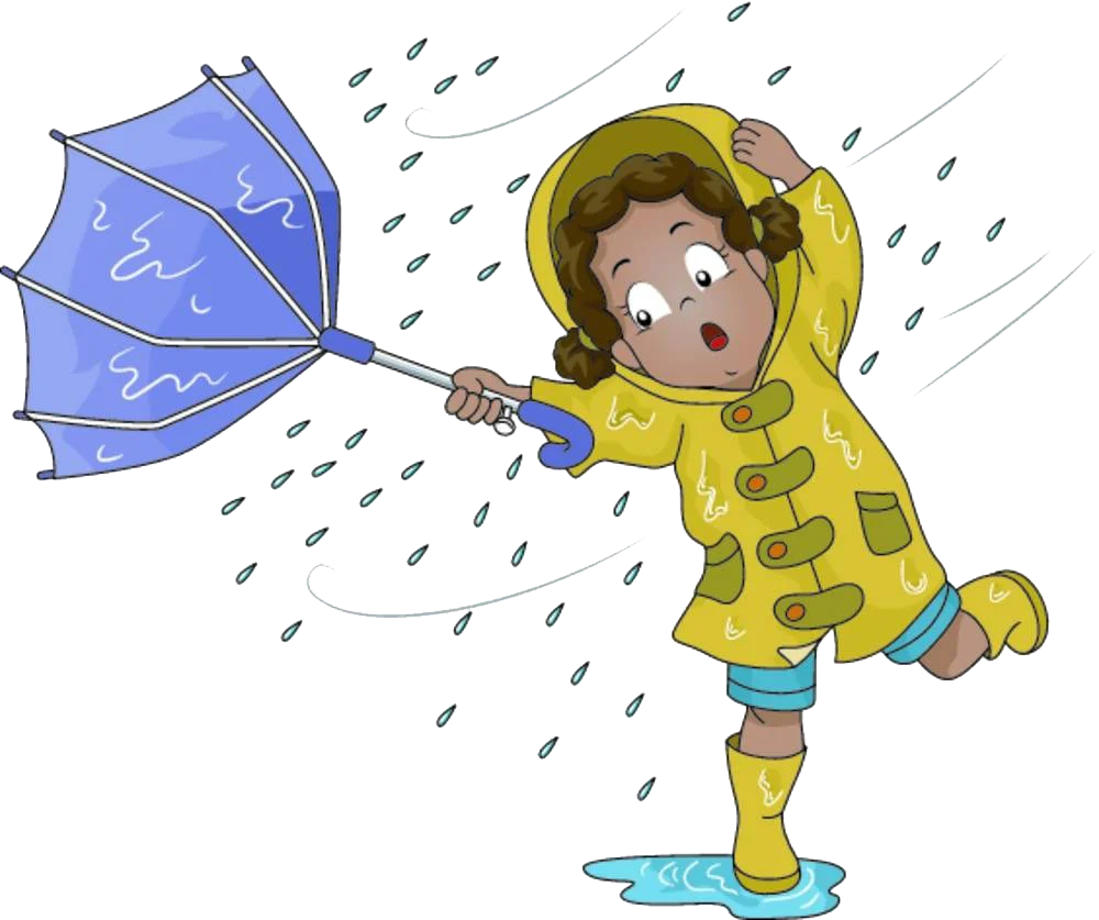 Playful Child Battling Stormy Weather with Umbrella Cartoon Clipart Scene
