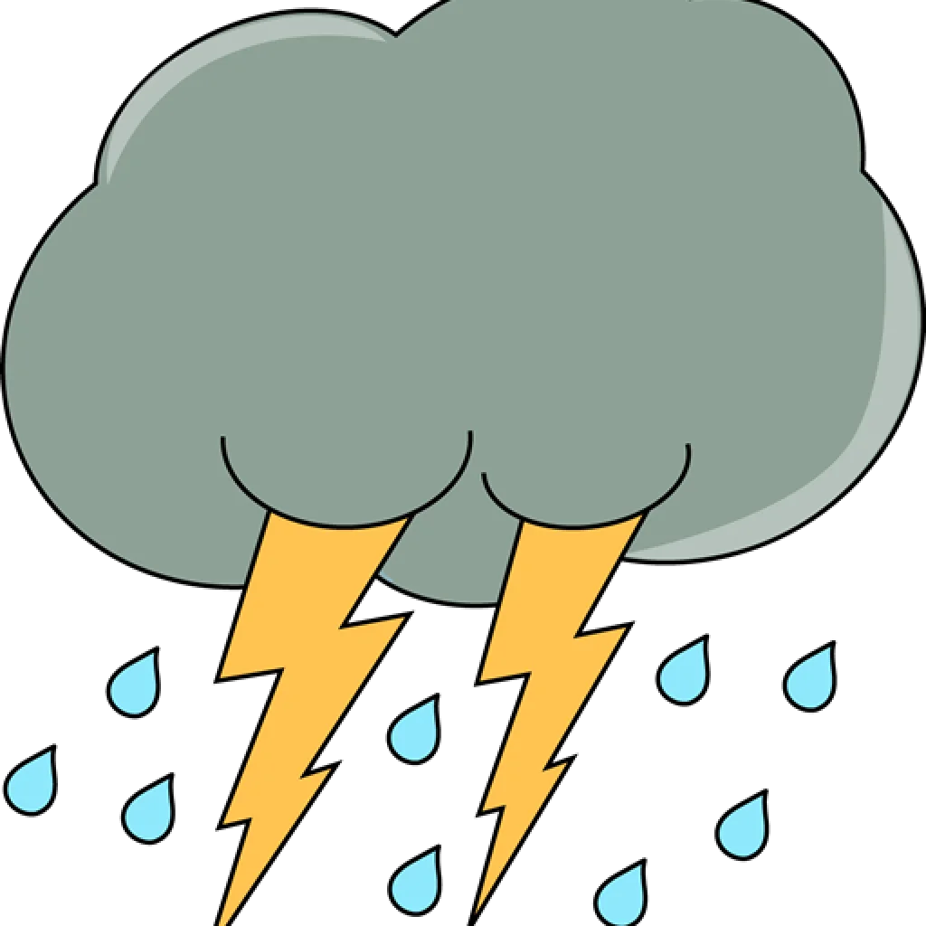 Stormy Weather Cartoon Clipart: Thundercloud with Lightning Bolts and Raindrops
