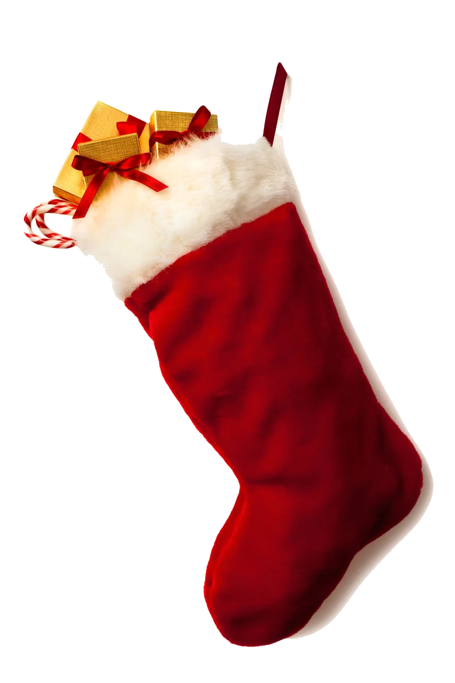 Classic Red Christmas Stocking Clipart with Golden Presents and Candy Cane