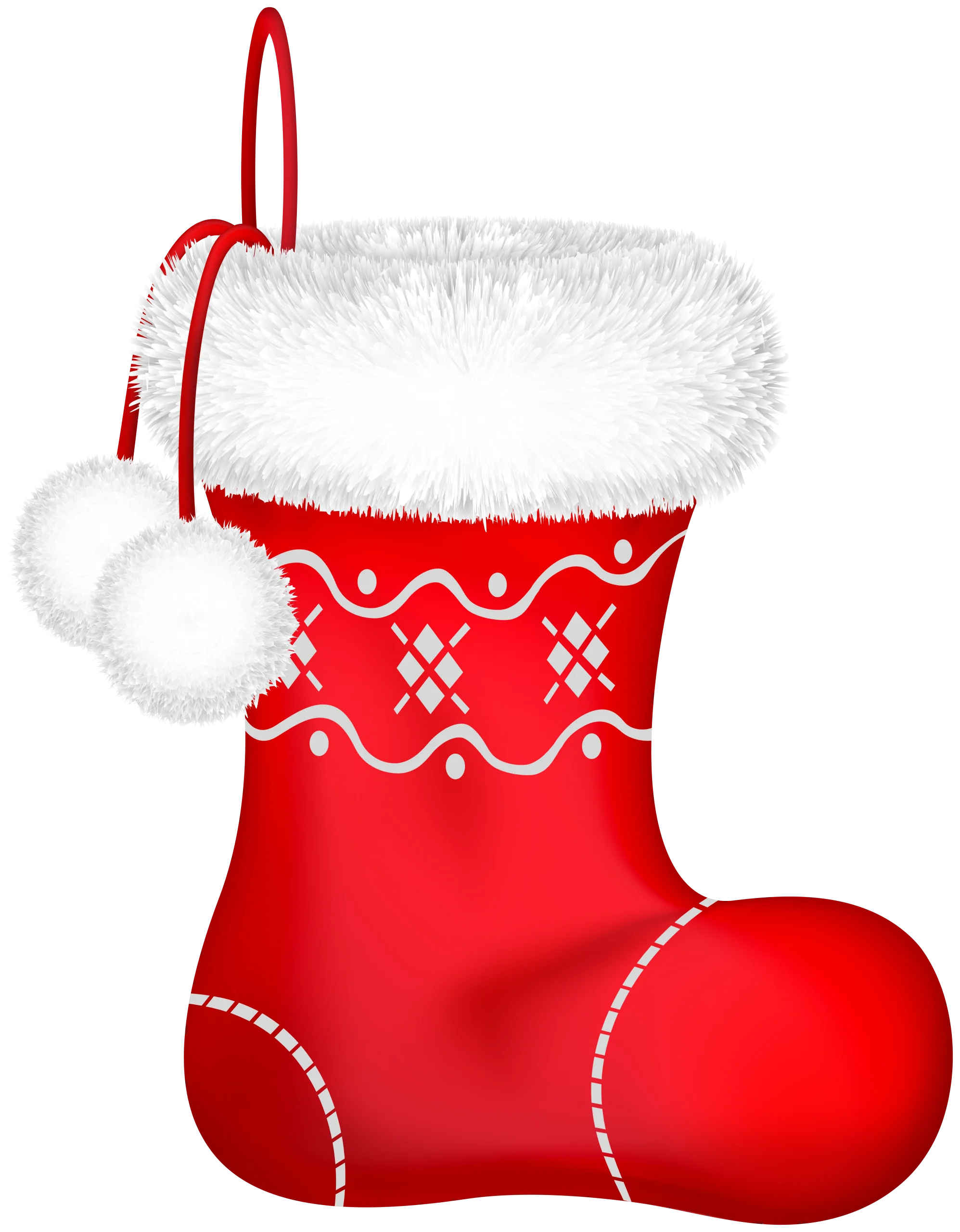 Festive Red Christmas Stocking Clipart with White Fur Trim and Decorative Pattern