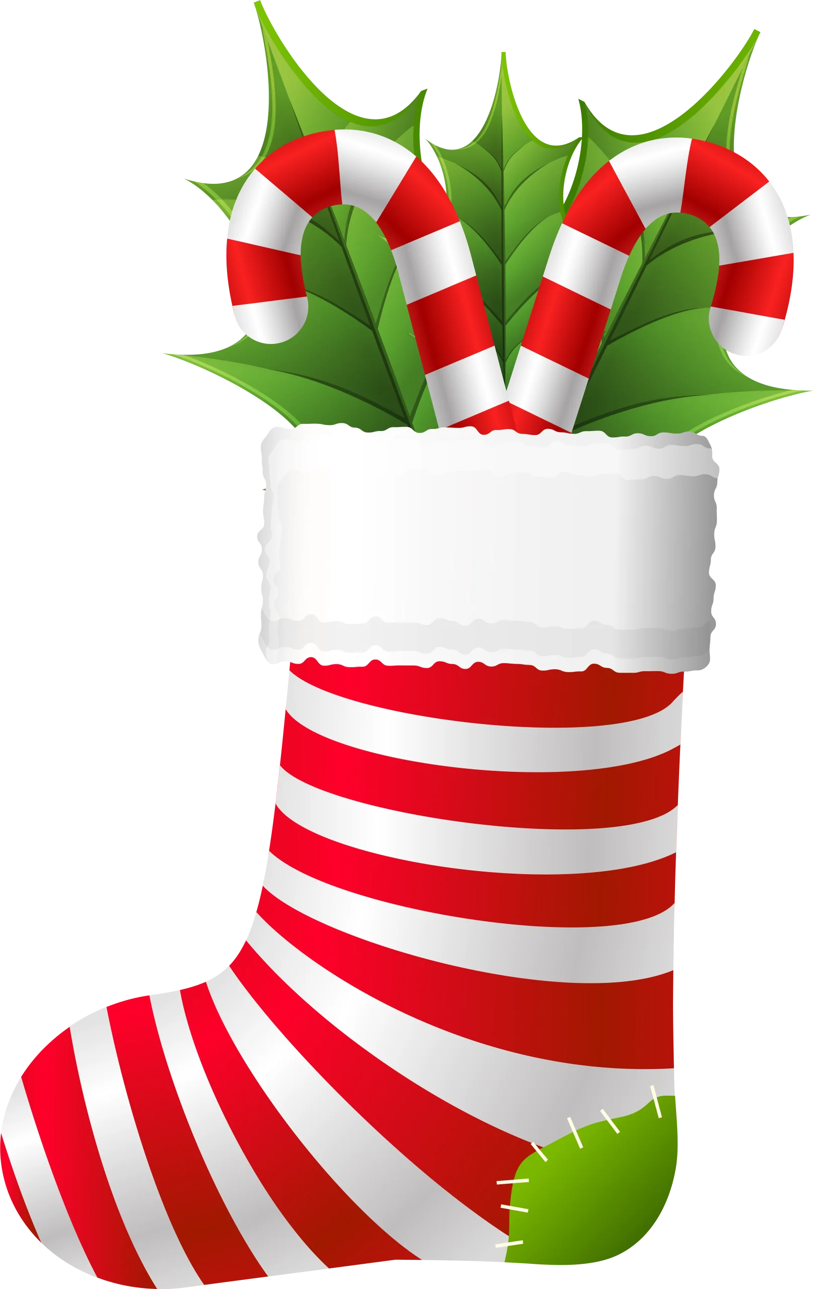 Festive Christmas Stocking Clipart with Candy Canes and Holly Leaves