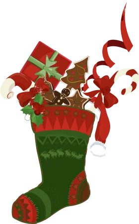 Festive Christmas Stocking Clipart with Gifts and Gingerbread Delights