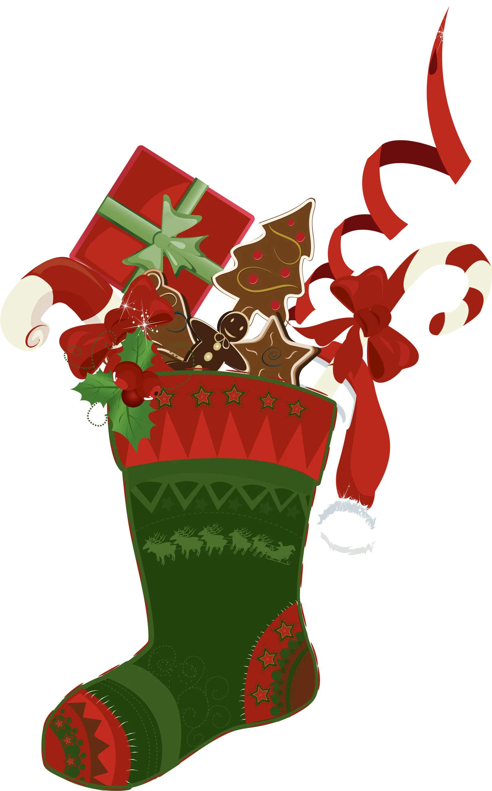 Festive Christmas Stocking Clipart with Gifts and Gingerbread Delights