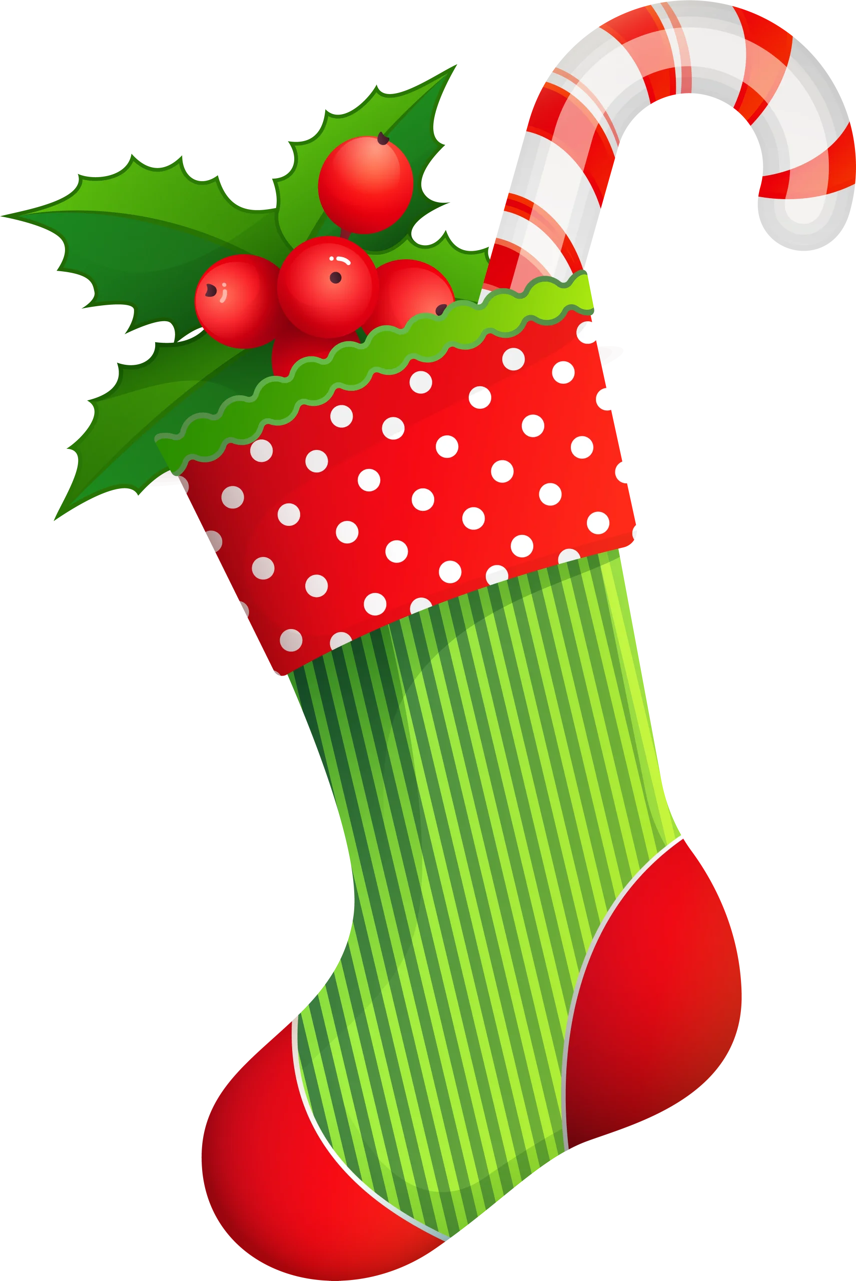 Festive Christmas Stocking Clipart with Holly and Candy Cane Decoration