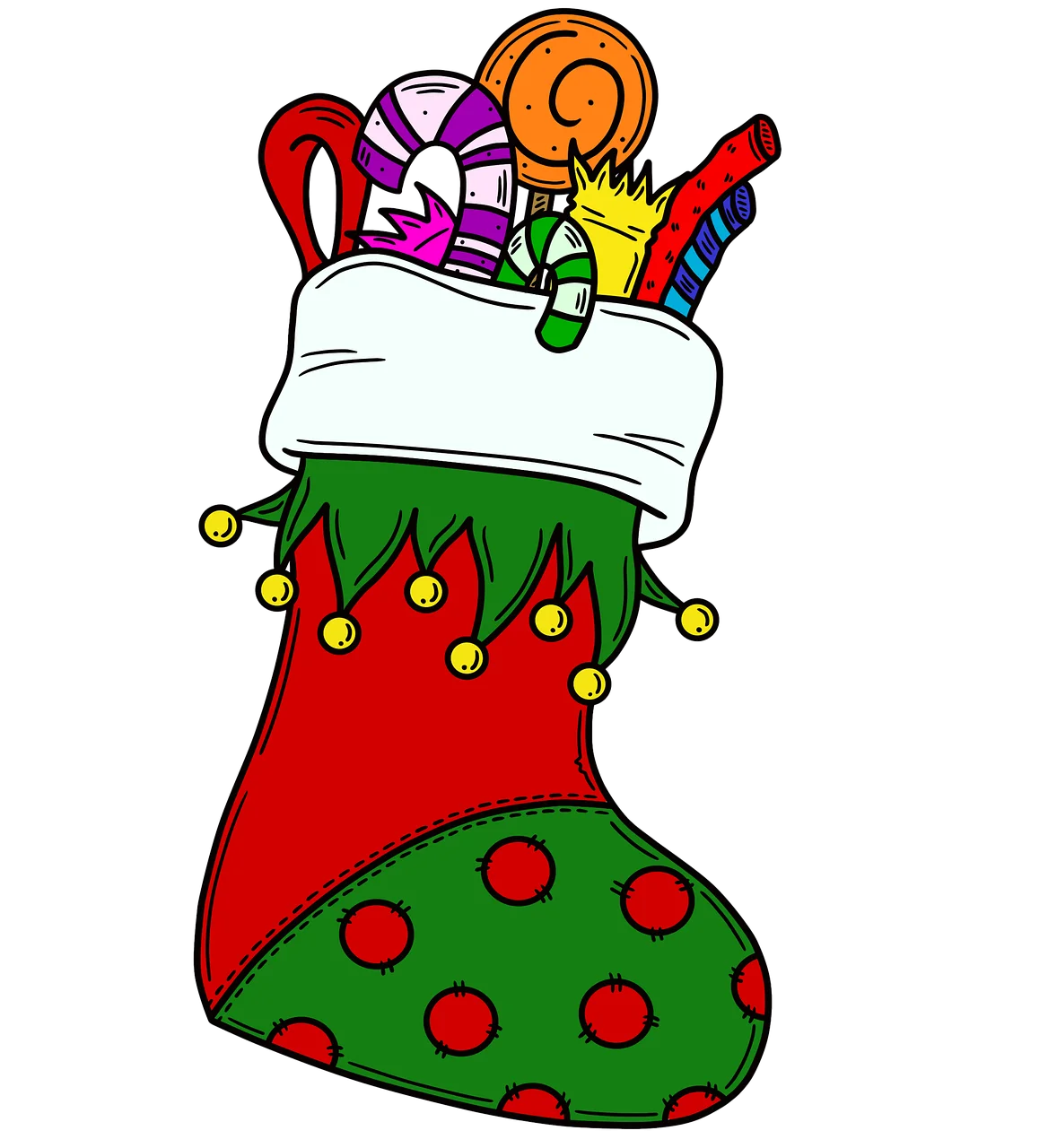 Festive Christmas Stocking Clipart Bursting with Colorful Holiday Treats and Surprises