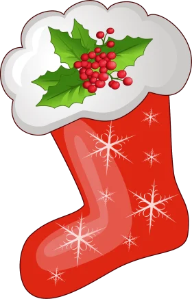 Festive Red Christmas Stocking Clipart with Holly and Snowflake Decorations
