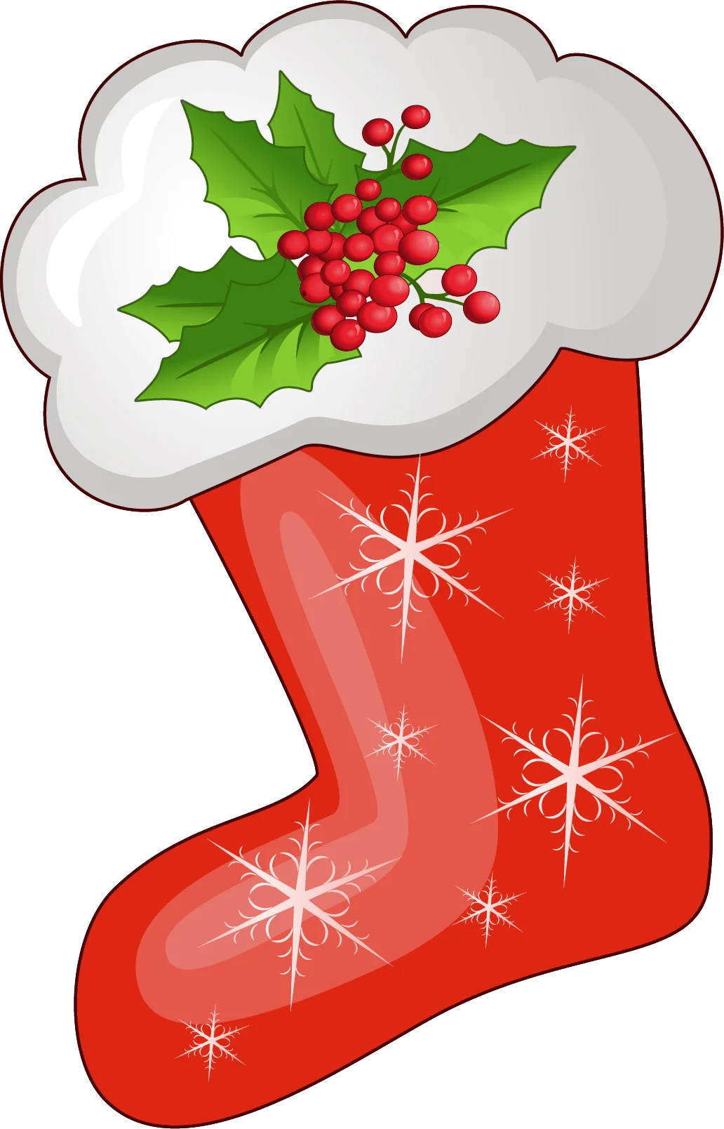 Festive Red Christmas Stocking Clipart with Holly and Snowflake Decorations