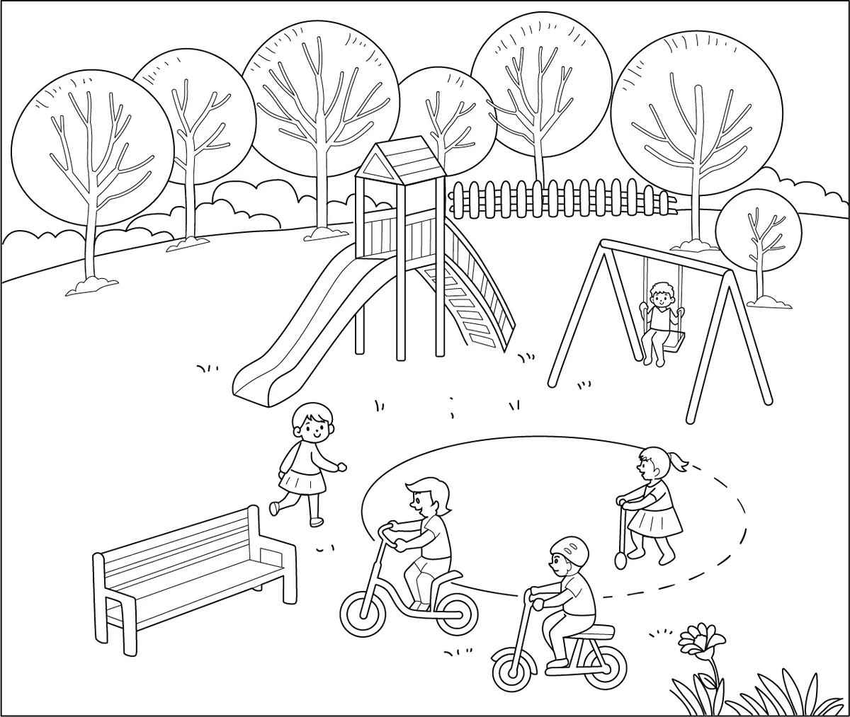 Black and White Line Art Playground Scene Children's Park Clipart Illustration