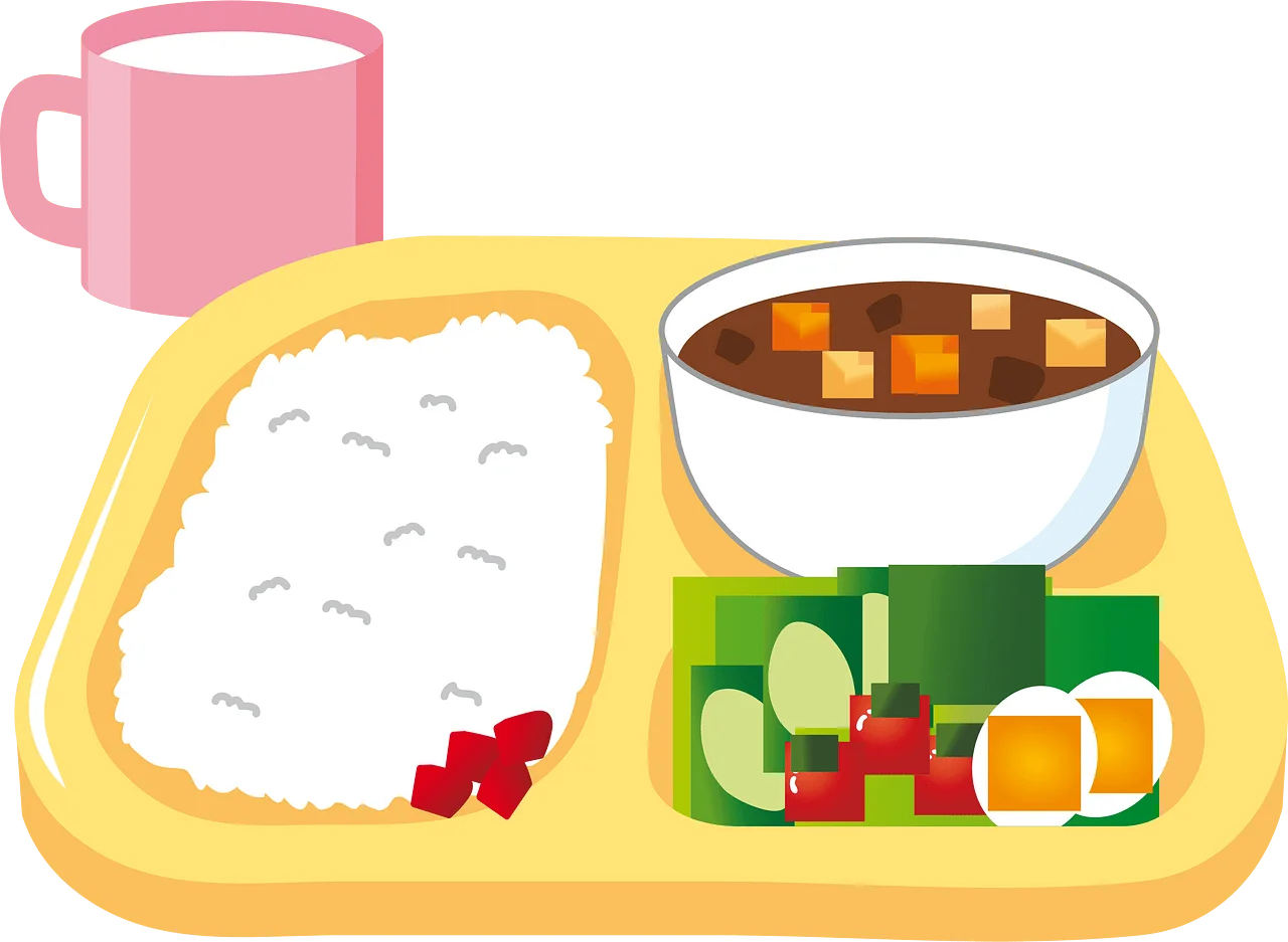 Cheerful School Lunch Tray Clipart with Rice, Curry, and Refreshing Drink