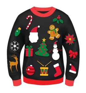 Festive Holiday Cheer Ugly Christmas Sweater Clipart Design with Seasonal Icons