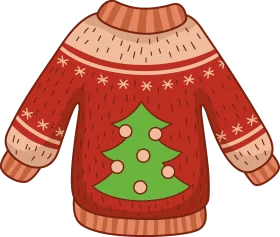 Festive Red Knitted Christmas Tree Ugly Sweater Clipart Design with Cozy Winter Details
