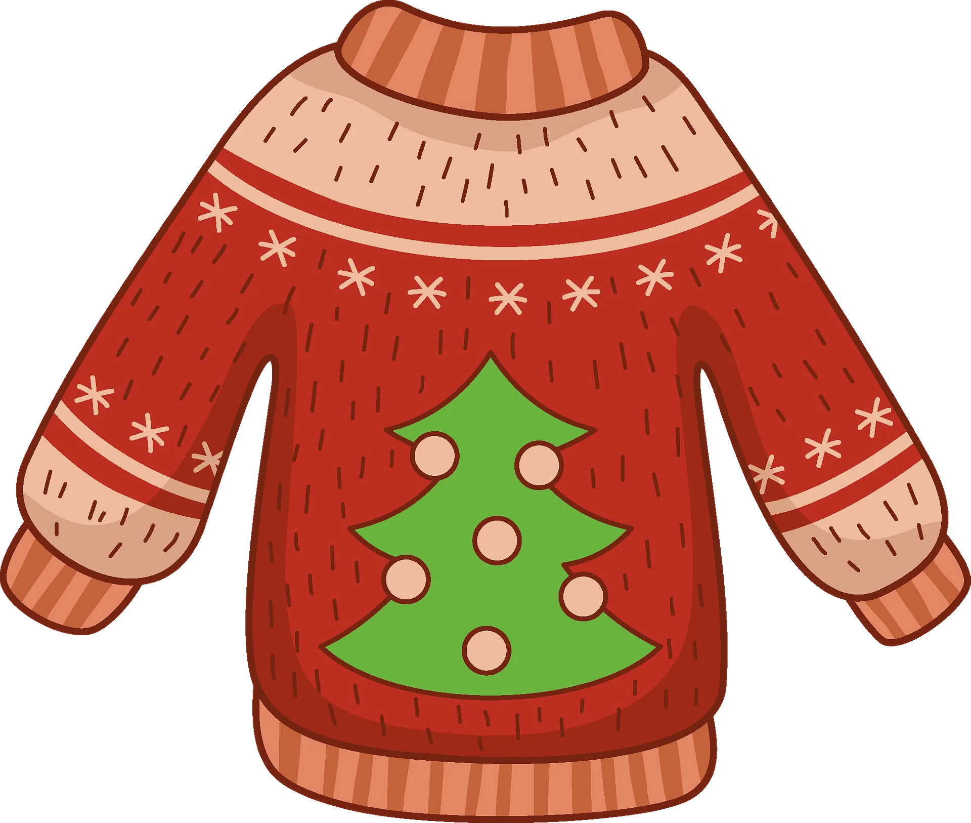 Festive Red Knitted Christmas Tree Ugly Sweater Clipart Design with Cozy Winter Details