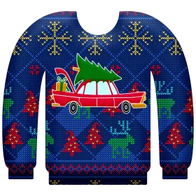 Festive Road Trip Christmas Clipart: Vintage Car Carrying Pine Tree on Ugly Sweater Design