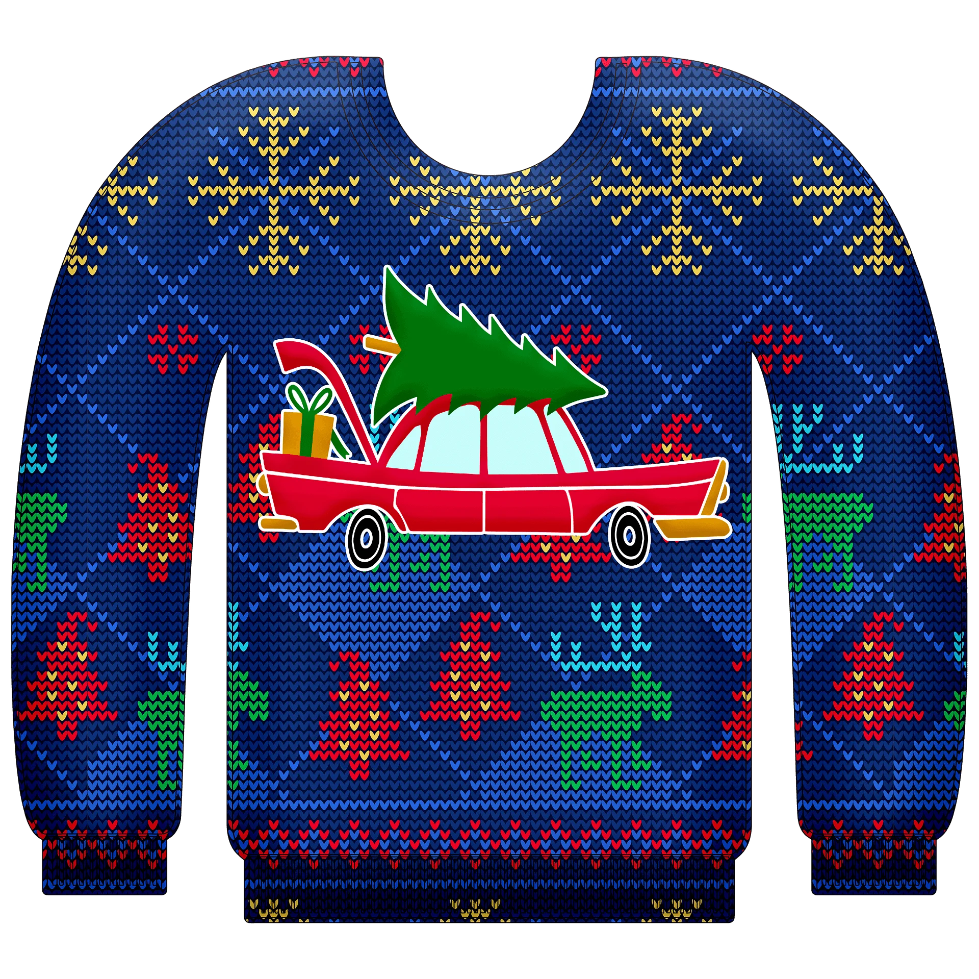 Festive Road Trip Christmas Clipart: Vintage Car Carrying Pine Tree on Ugly Sweater Design