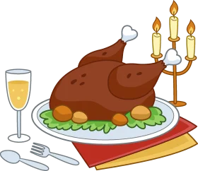 Festive Roast Turkey Dinner Clipart with Elegant Candelabra and Champagne