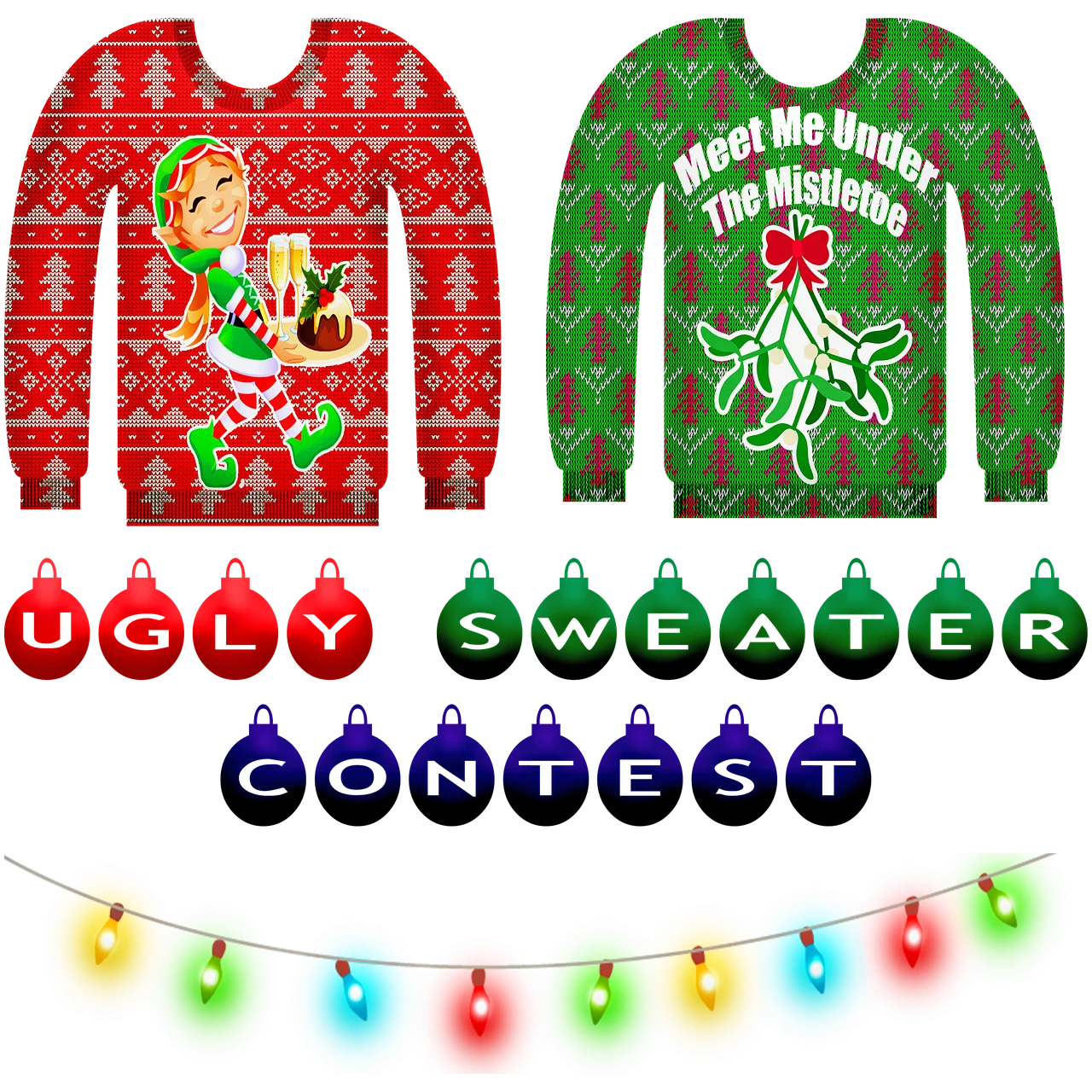Festive Ugly Christmas Sweater Clipart Collection with Holiday Ornaments and Lights