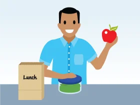 Healthy Lunch Break Clipart: Smiling Man with Apple and Lunch Box