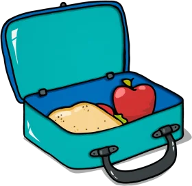 Teal Lunchbox Clipart with Golden Sandwich and Crisp Red Apple