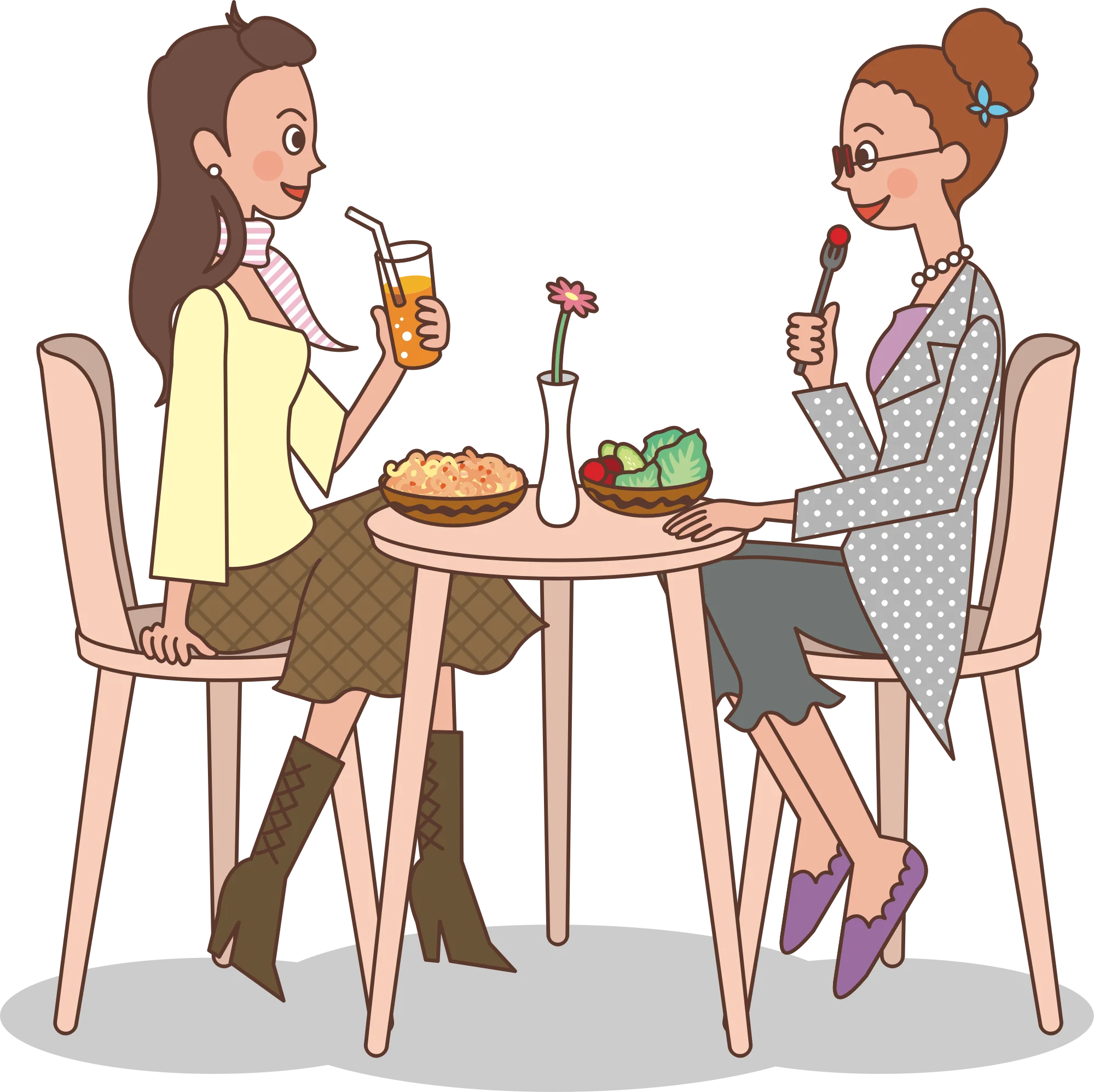 Two Women Enjoying a Casual Midday Lunch Meeting Clipart Illustration
