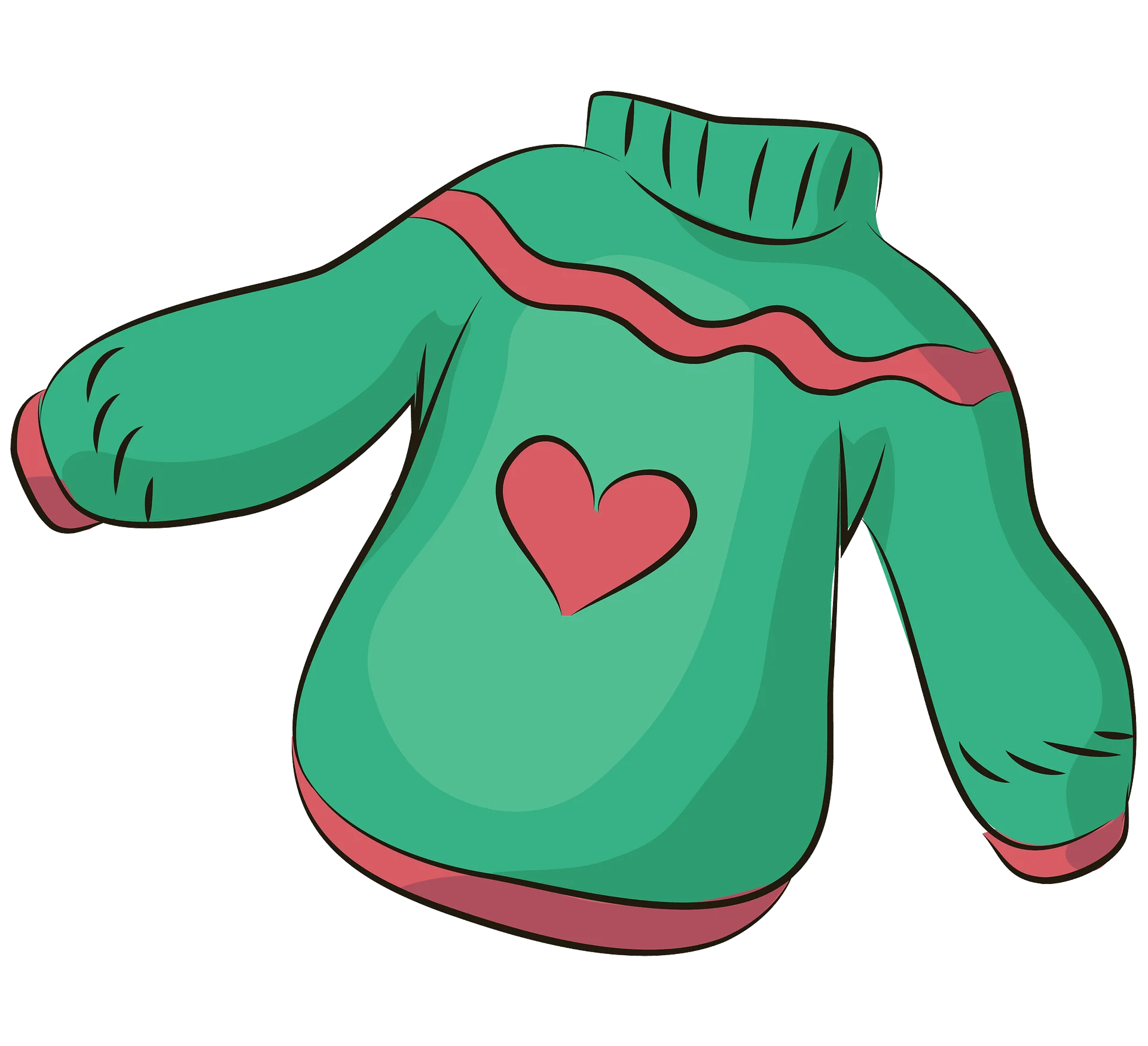 Whimsical Green and Pink Heart Adorned Ugly Sweater Cartoon Clipart Design