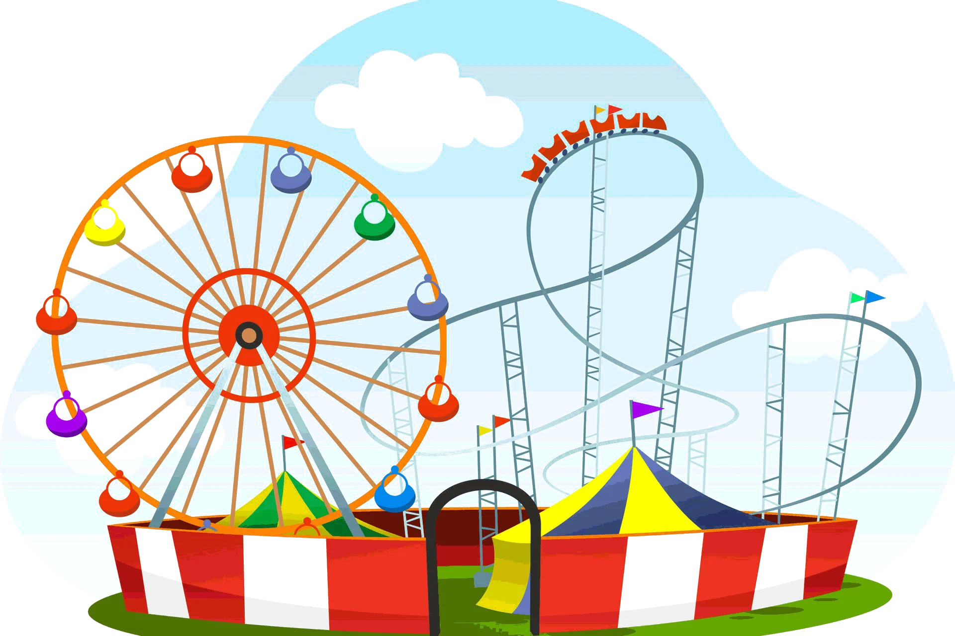 Cheerful Amusement Park Clipart Showcasing Classic Ferris Wheel and Thrilling Roller Coaster