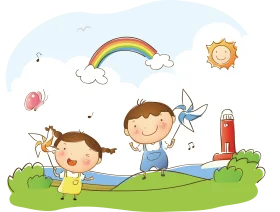 Cheerful Children Enjoying Playful Day Under Rainbow Clipart Illustration