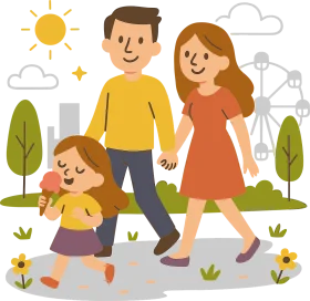Cheerful Family Stroll Through Sunny Park Landscape Cartoon Clipart Illustration