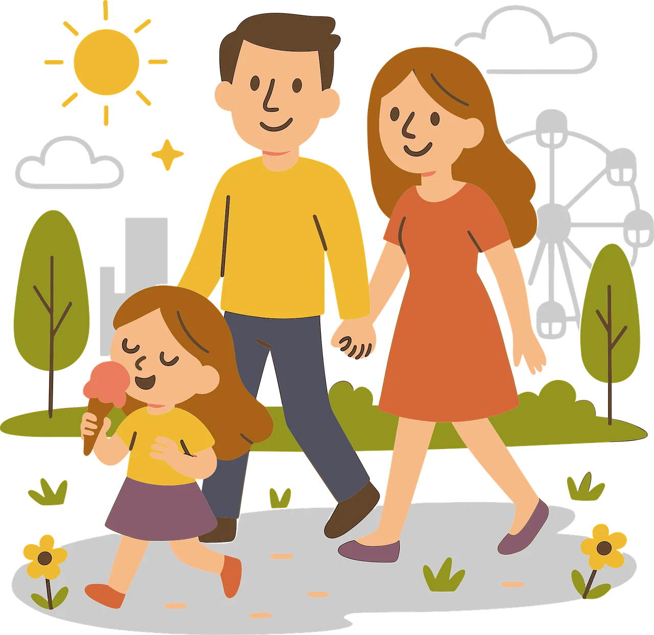 Cheerful Family Stroll Through Sunny Park Landscape Cartoon Clipart Illustration