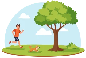 Cheerful Park Scene with Playful Runner and Adorable Dog Clipart Illustration