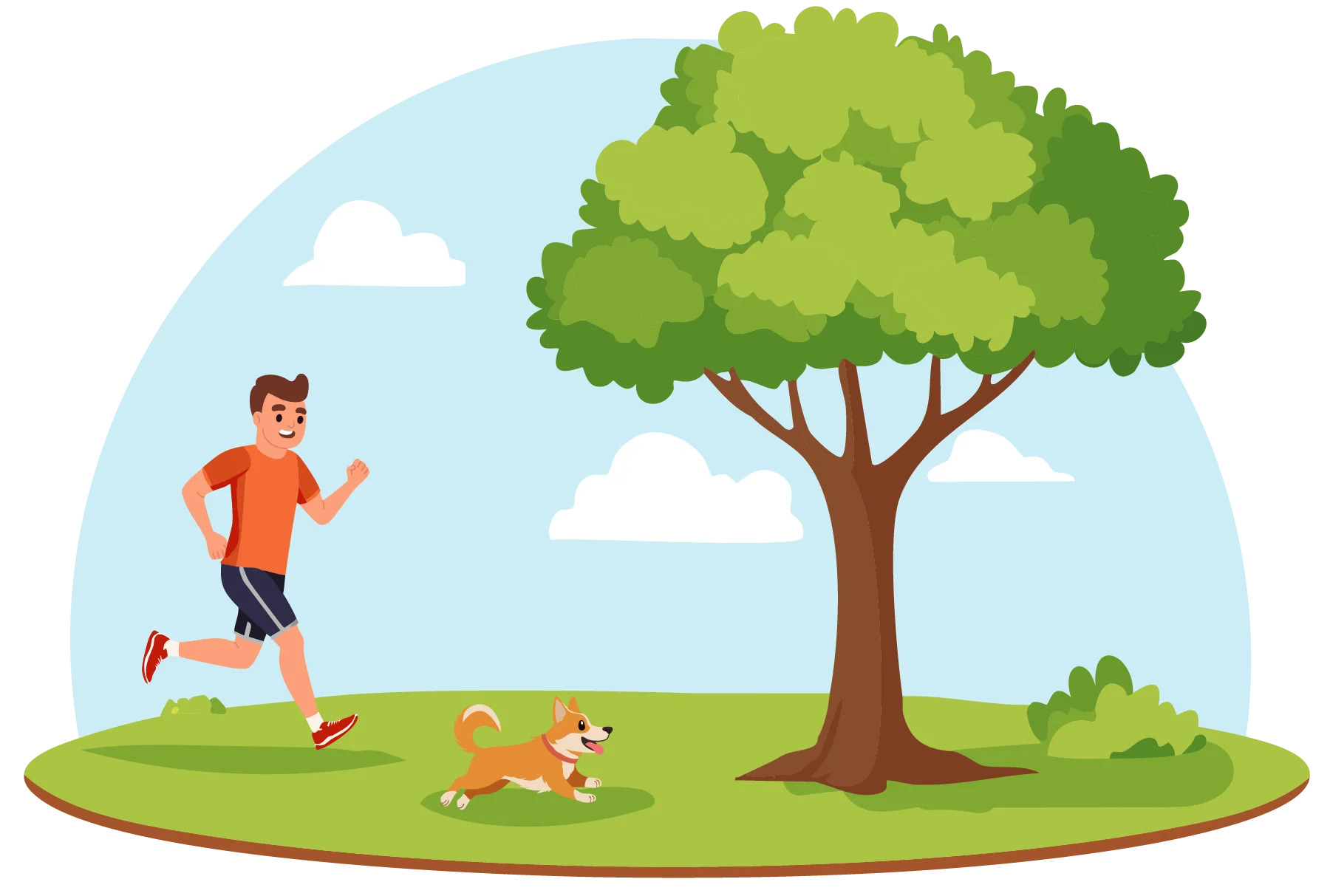 Cheerful Park Scene with Playful Runner and Adorable Dog Clipart Illustration