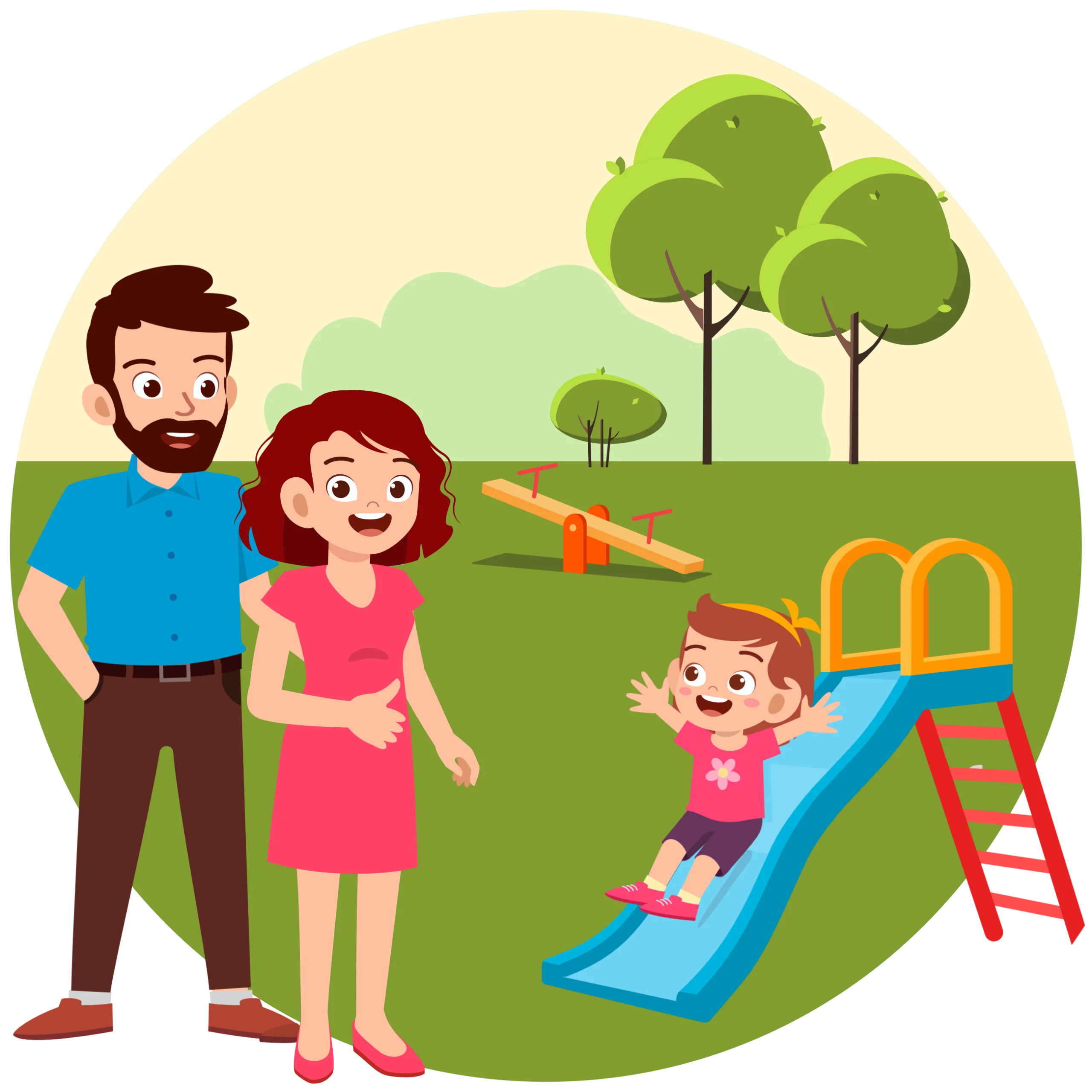 Happy Family Enjoying Playful Moments at Sunny Park Playground Clipart Scene
