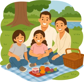 Happy Family Enjoying Sunny Day Picnic Outdoors Cartoon Clipart Scene