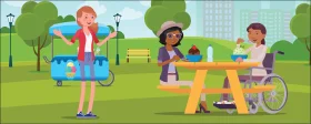 Inclusive Park Scene Showcasing Friendship and Accessibility in Cheerful Clipart