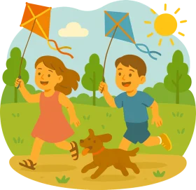 Joyful Children Flying Kites with Playful Puppy in Sunny Park Clipart Scene