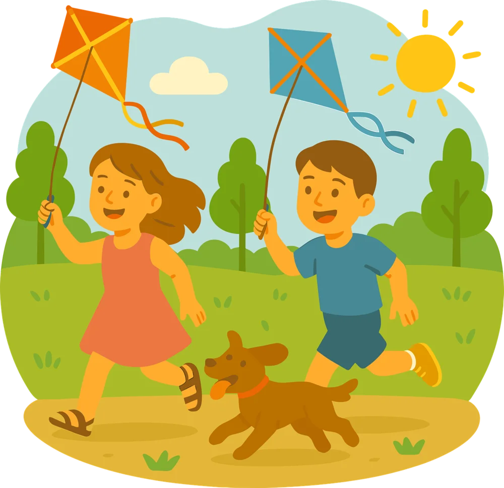 Joyful Children Flying Kites with Playful Puppy in Sunny Park Clipart Scene