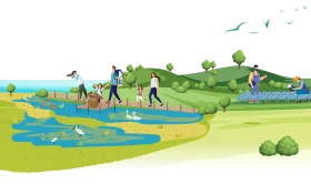 Playful Park Scene with People and Animals Enjoying Nature's Scenic Clipart Landscape