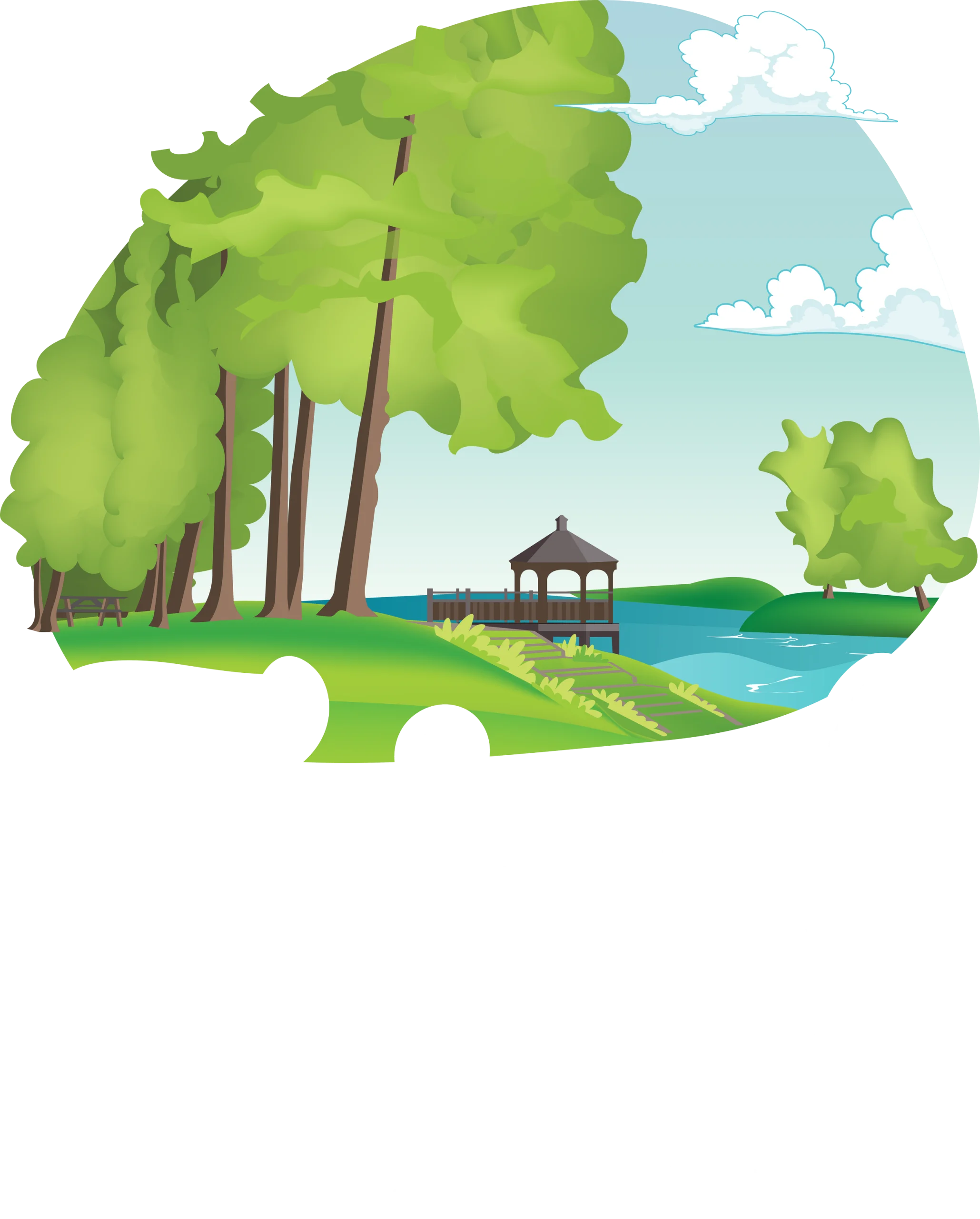 Serene Lakeside Park Landscape with Gazebo and Lush Green Trees Clipart Design