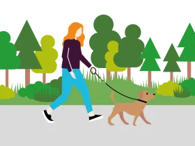 Serene Park Scene with Dog Walker Enjoying Leisurely Stroll in Stylized Clipart