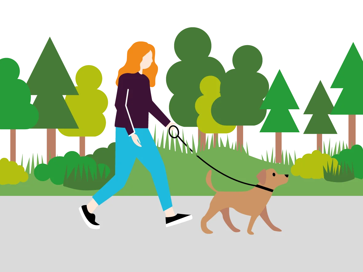 Serene Park Scene with Dog Walker Enjoying Leisurely Stroll in Stylized Clipart