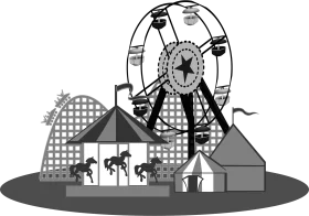 Whimsical Amusement Park Carnival Scene with Ferris Wheel and Carousel Clipart Illustration