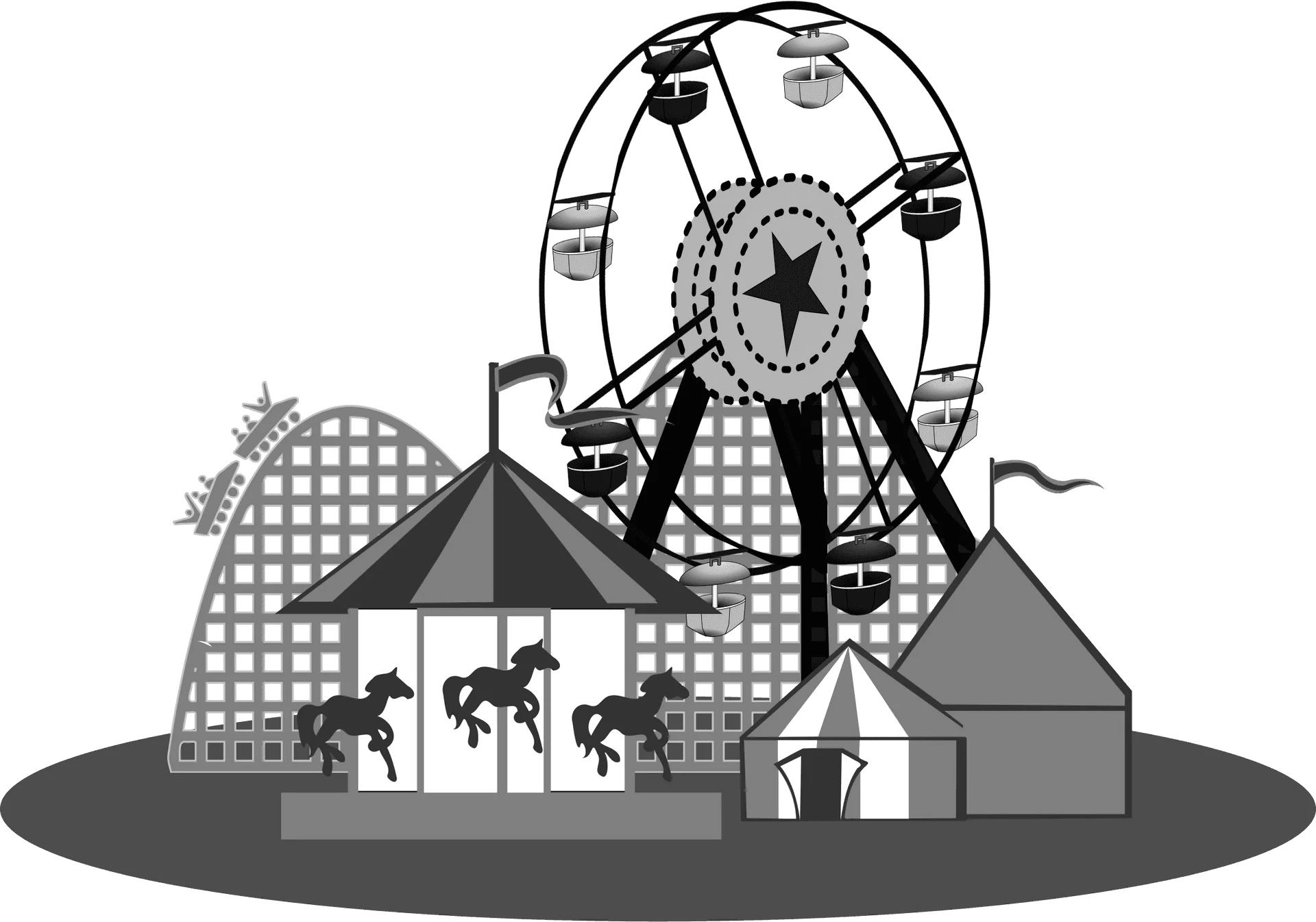 Whimsical Amusement Park Carnival Scene with Ferris Wheel and Carousel Clipart Illustration
